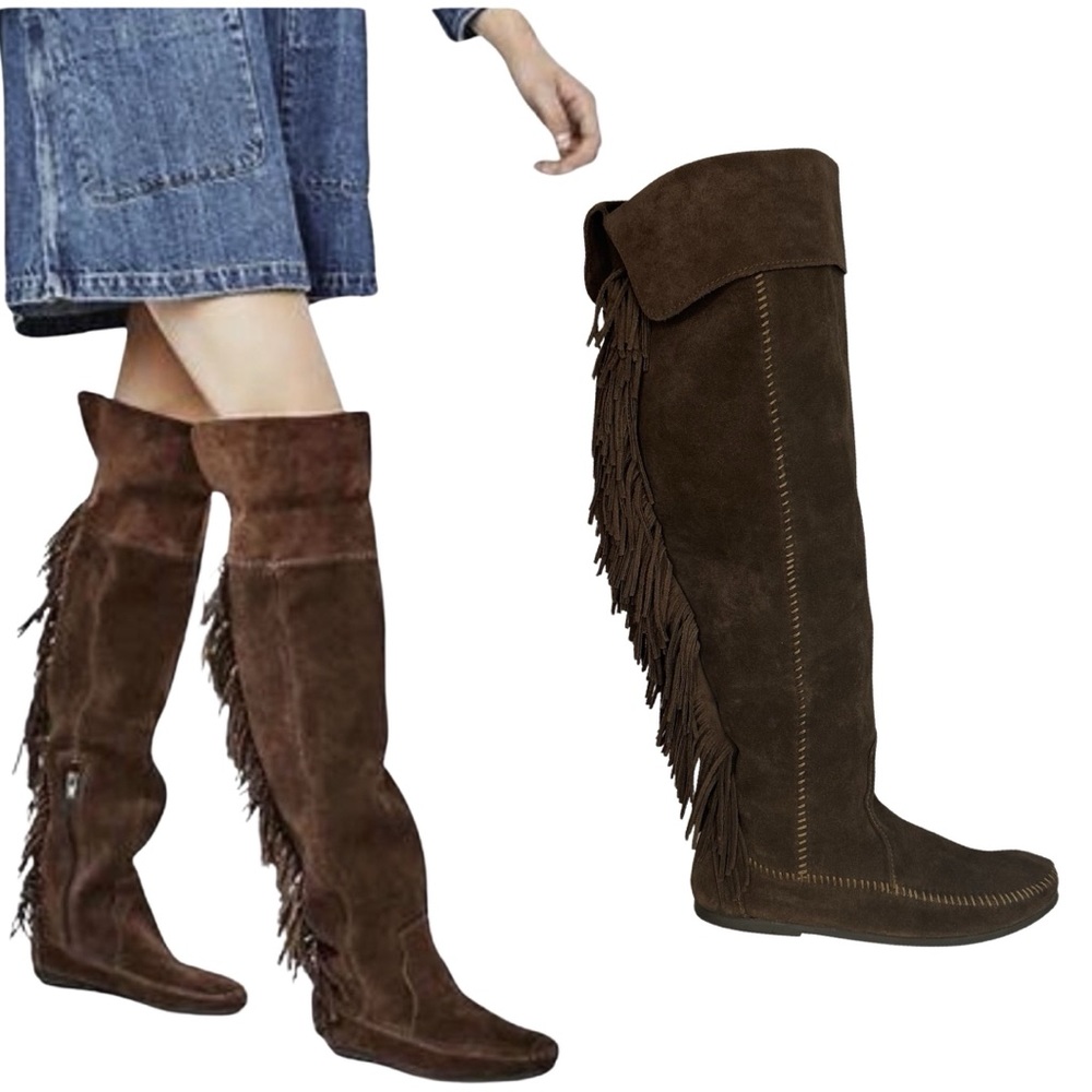 MINNETONKA brown suede OTK Boots Fringe moccasins sz 9